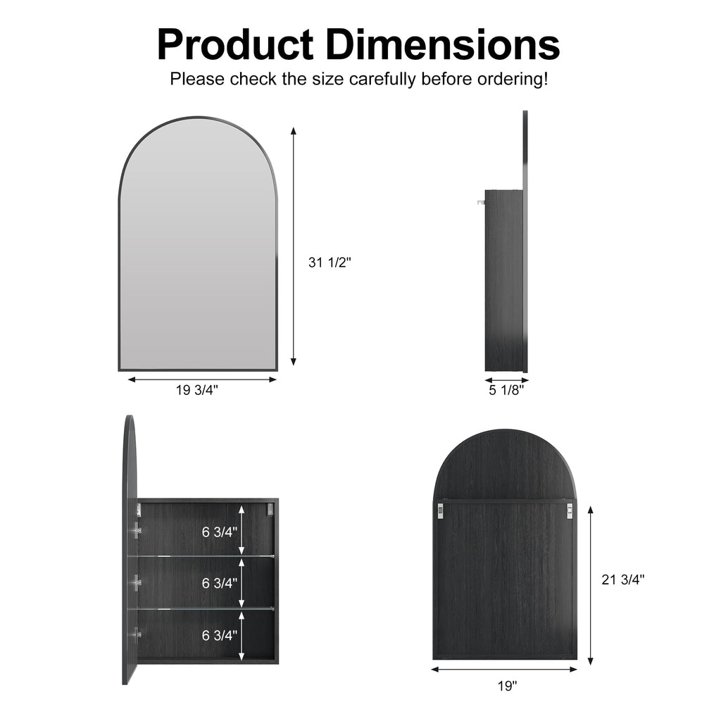 Arched Medicine Cabinet, Black Mirror Cabinet with Storage