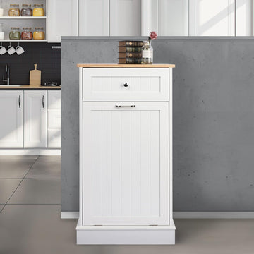 Tilt Out Trash Cabinet, Antique-Style Beadboard Kitchen Island with Solid Wood Tabletop & Drawer, Pet Proof Trash Can