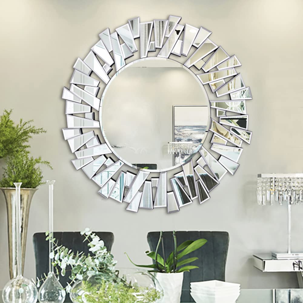 Round Mirror for Wall Decor, 36" Large Living Room Mirror with 3D Beveled Glass Frame, Modern Frameless Unique Design