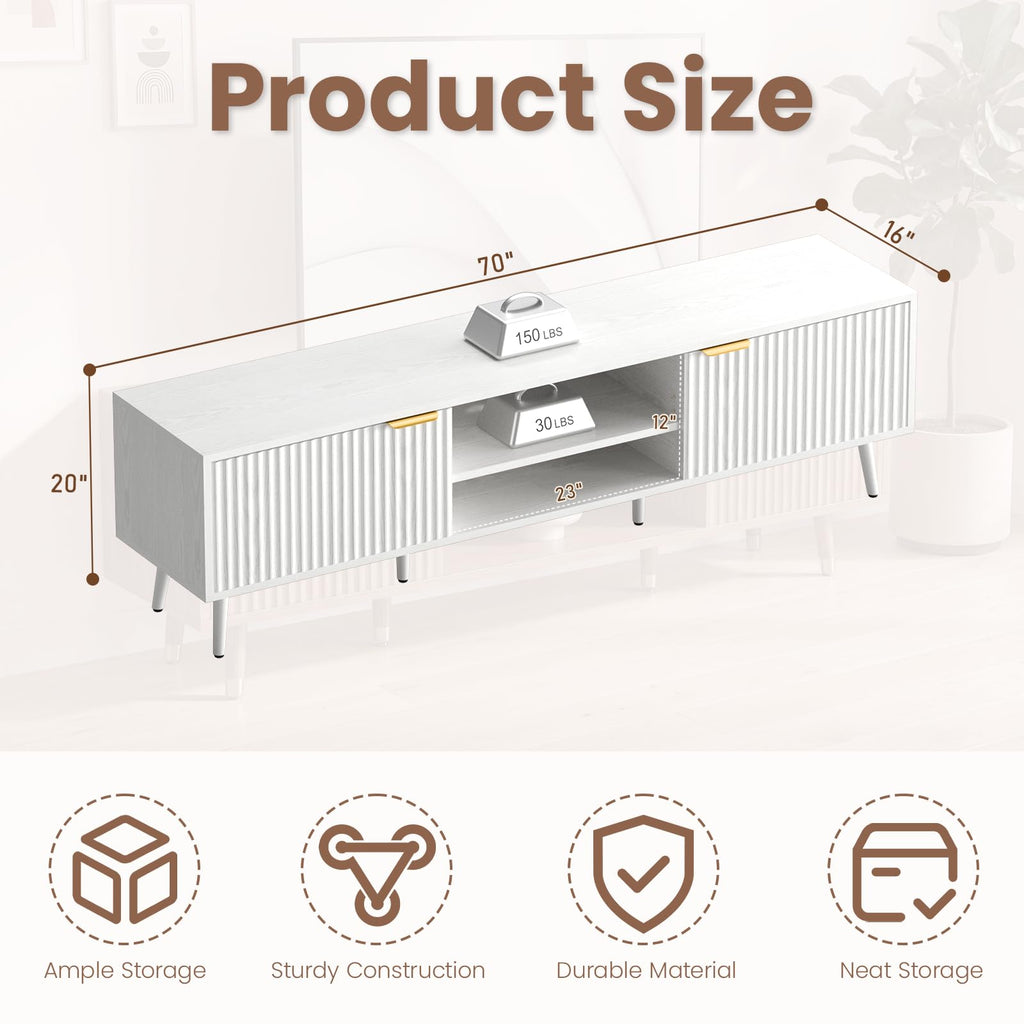 70" TV Stand for TVs up to 65 Inches, Mid Century Modern TV Console with Fluted Doors, Adjustable Shelf & Cable