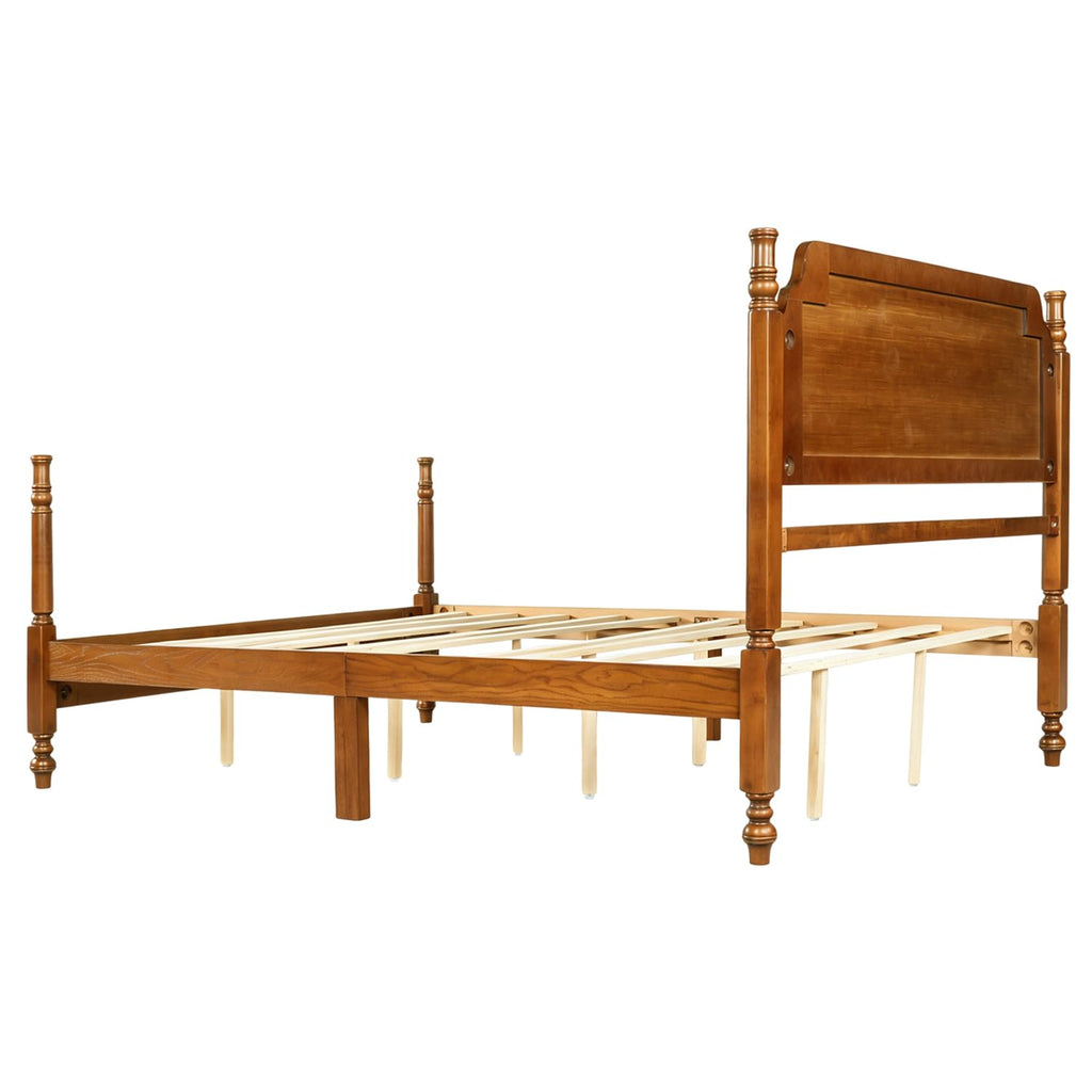 Wood Bed Frame with Vintage headboard, Spindle Platform Bed with High Posts Design, Sturdy Wooden Slats Support