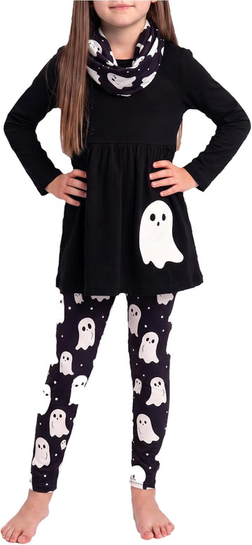 Girls Kids Toddler 3pc Outfit Set Long Sleeve Lightweight Tunic Top Leggings and Scarf