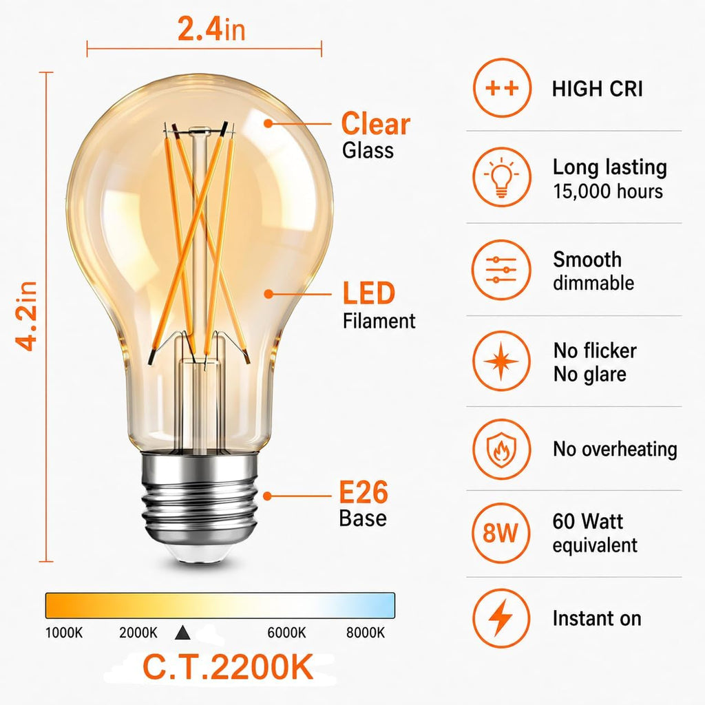 A19 Vintage Dimmable LED Light Bulbs, E26 Base 60W Equivalent