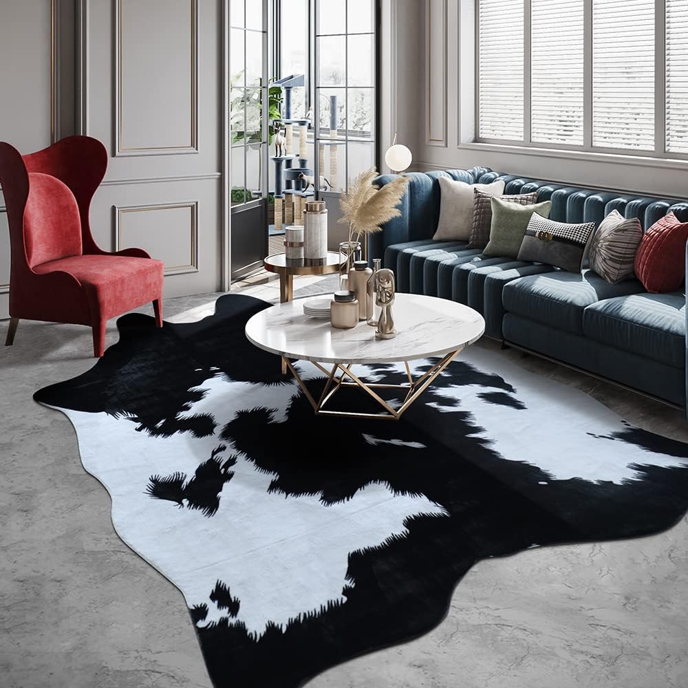 Black Faux Cowhide 8.3 ft x 6.2 ft Cow Print Faux Animal Skin Faux Fur Rug