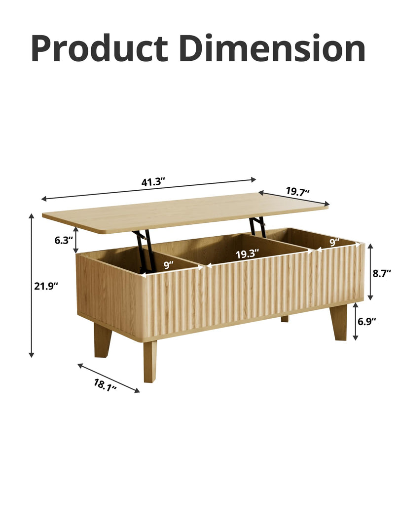 Rectangular Coffee Table with Lifting Top, Mid Century Modern Living Room Center Table, Wood Fluted Coffee Table, Oak