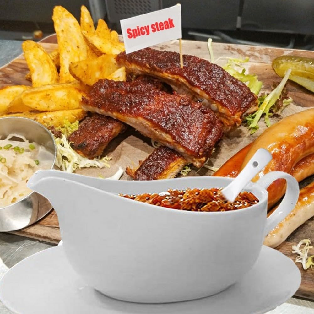 Gravy Boat With Ladle and Saucer 17 Oz, White Ceramic Sauce Boat