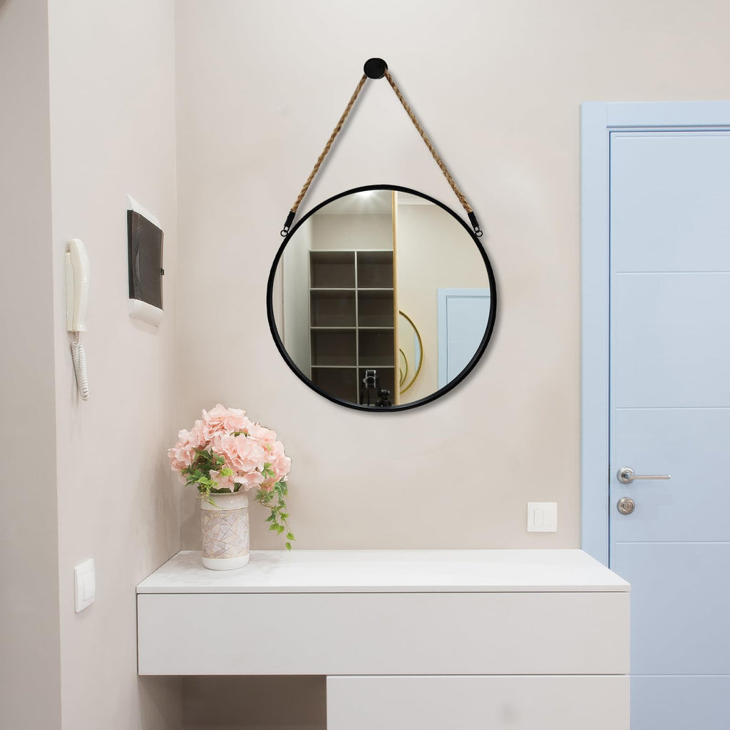 20" Round Wall Mirror with Jute Rope, Circle Hanging Mirror for Wall