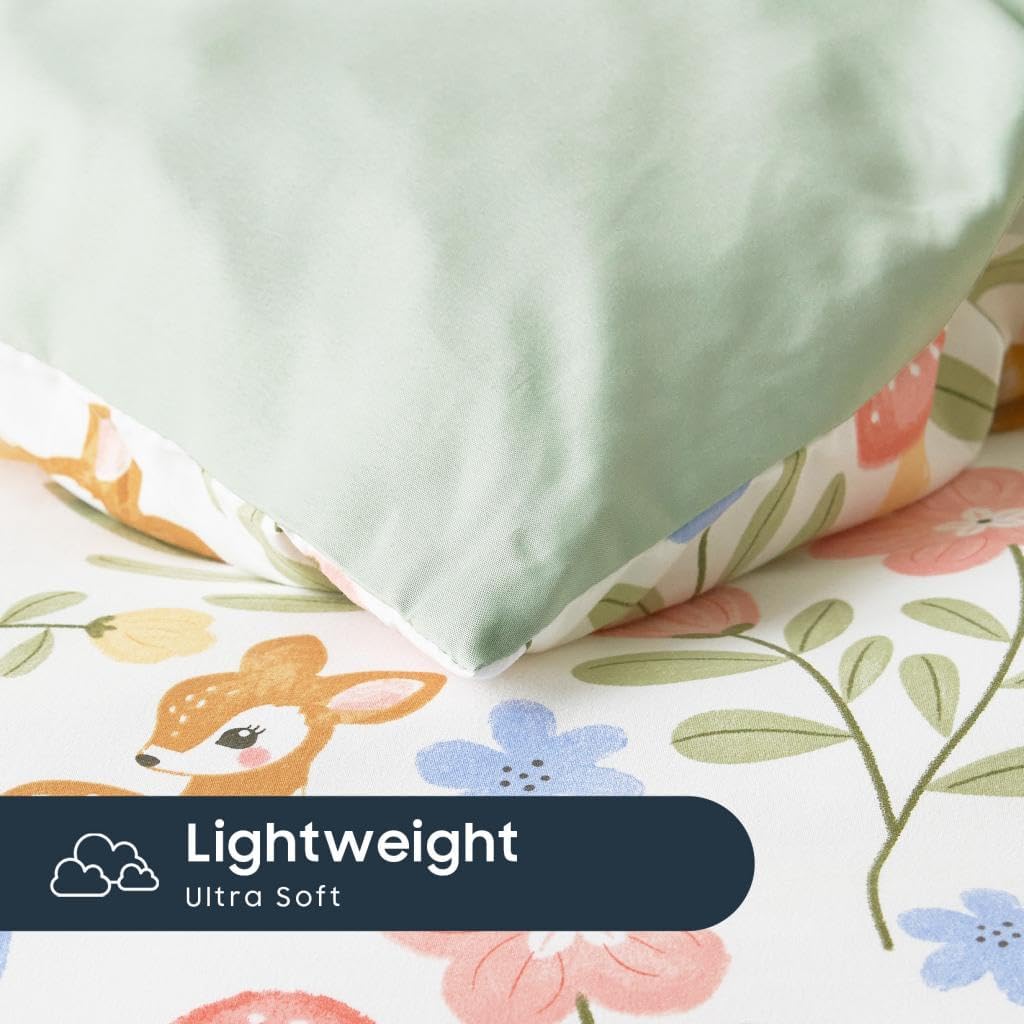 Floral Bedding Set for Girls, Cute Colorful Botanical Flowers Deers Patterned Soft Lightweight Comforter Set with
