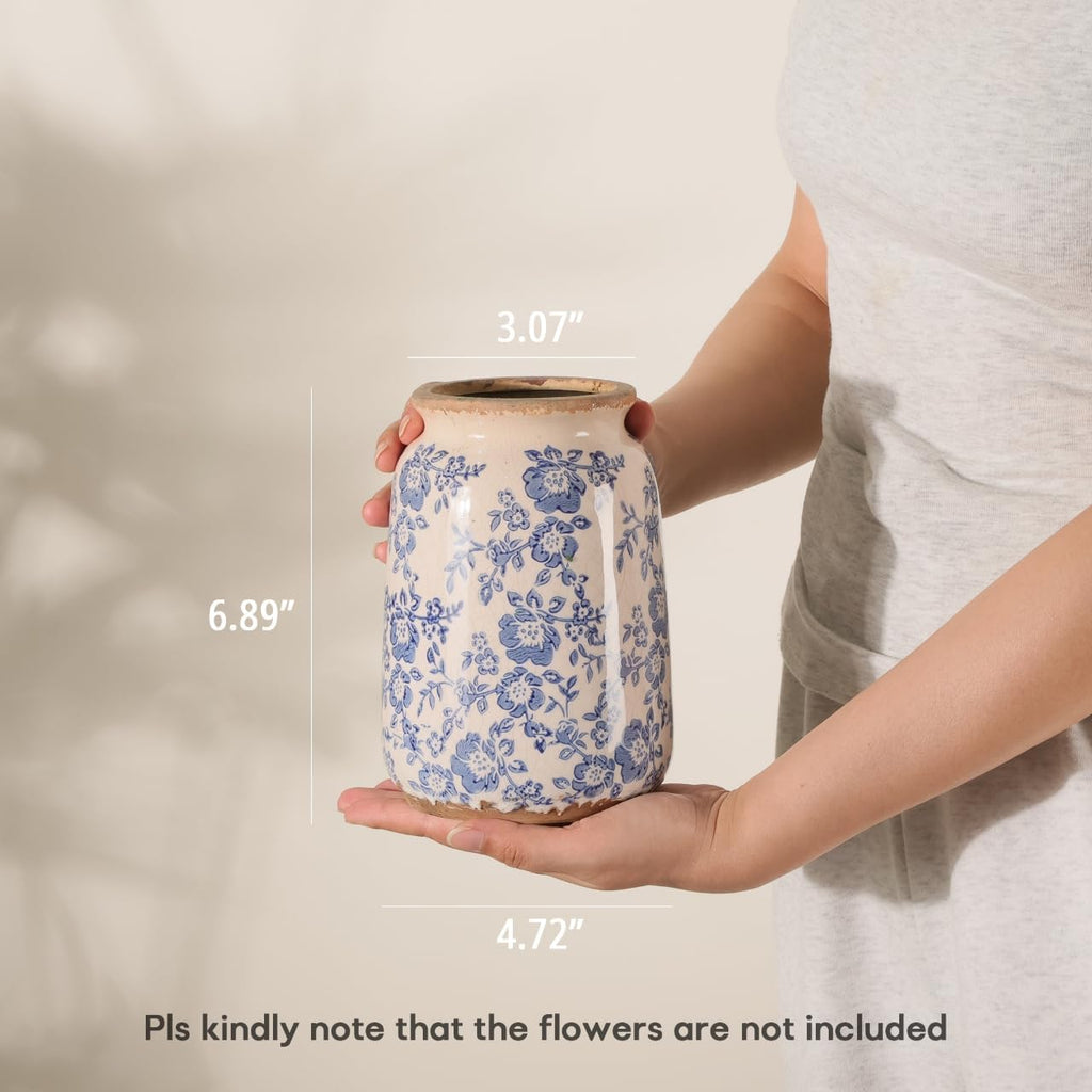 Vintage Blue and White Chinoiserie Ceramic Vase, 6.9" Hand-Painted Peony Floral Design, Antique Style Vases