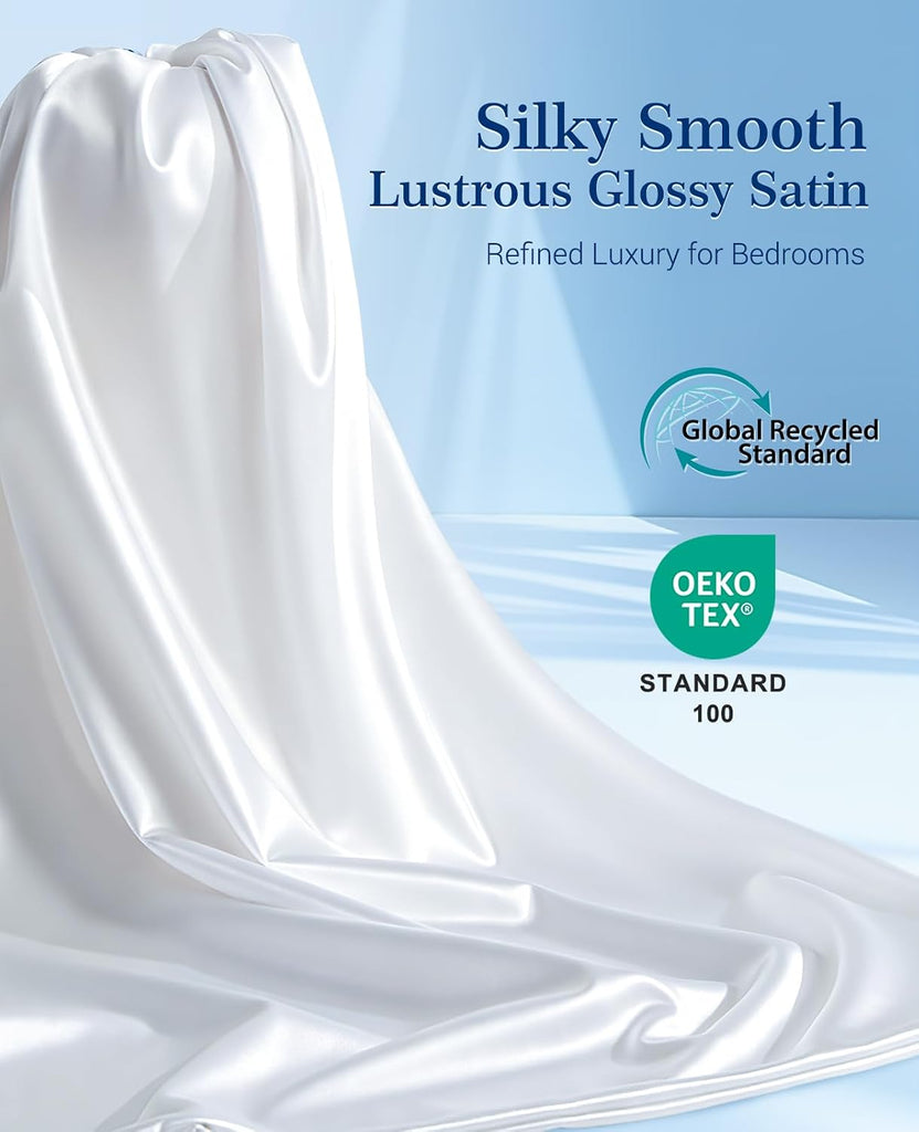 Cooling Satin Pillowcase for Hair & Skin with Zipper 20" x 30" and Cooling Blanket Stripe 90" x 108" White Bundle
