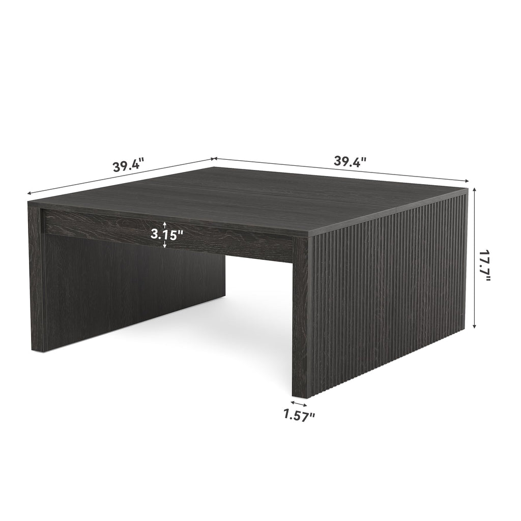 39.4" Square Fluted Coffee Table, Mid-Century Modern Black Center Table, Architectural Wood Cocktail Tea Tables