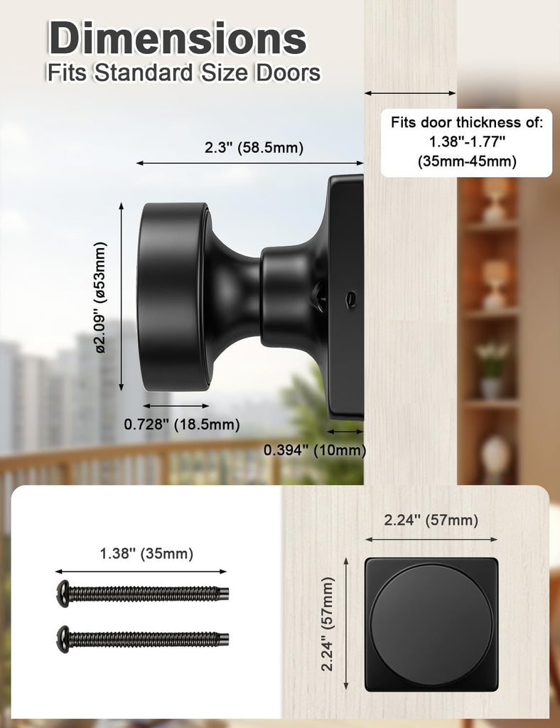 Dummy Door Knob Matte Black Finish, 2 Pack Standard Size Interior Door Handles Single Sided Dummy Door Handles, Flat
