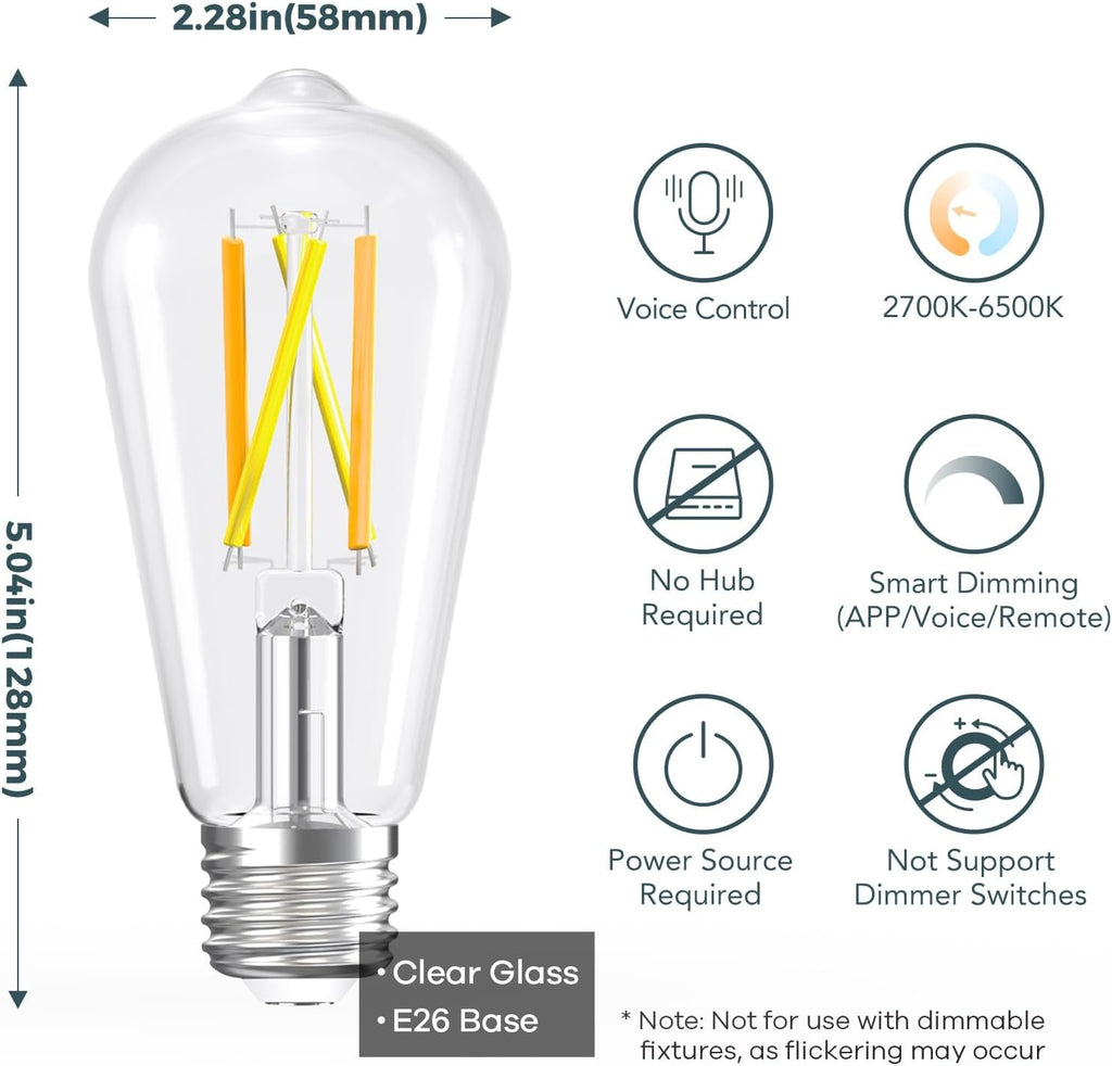 Smart Edison Light Bulb, ST19 (58) Vintage Bulb, 6 Pack with Remote