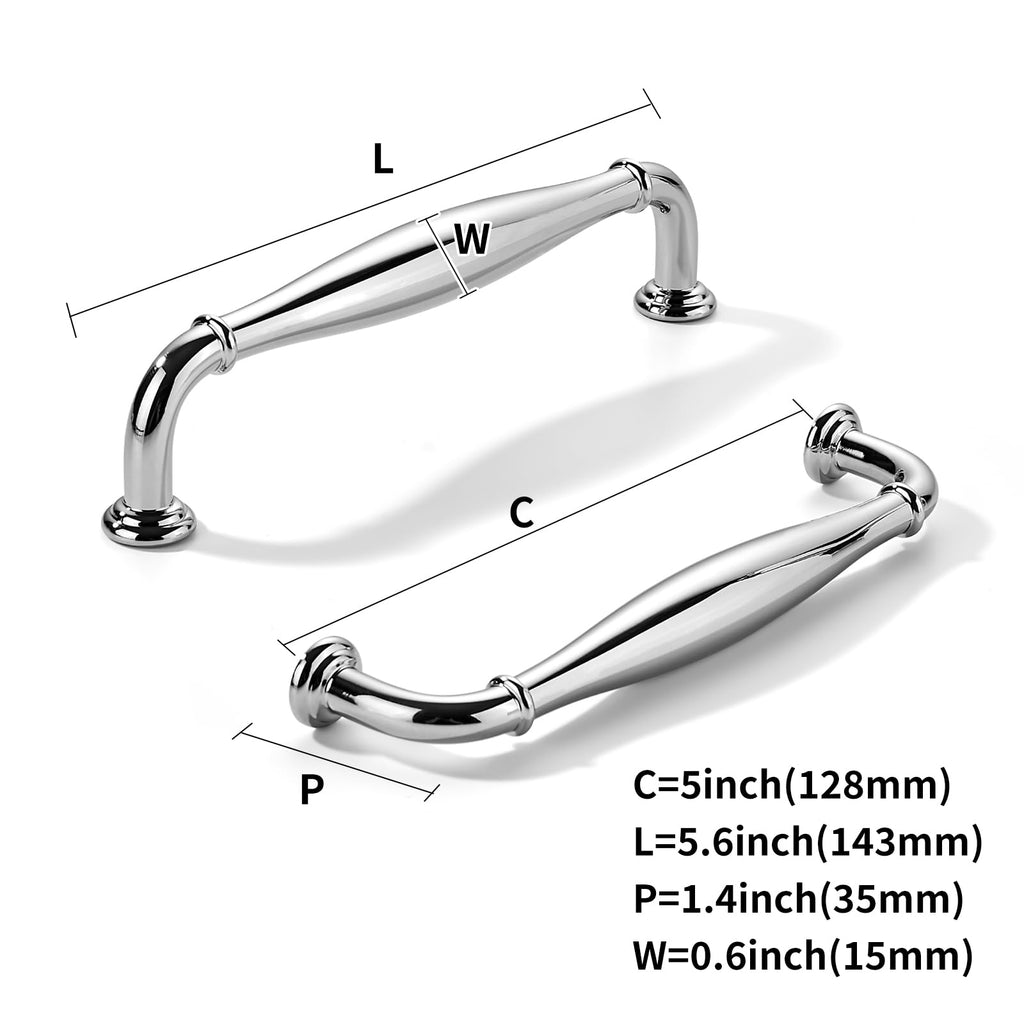 10 Pack 5inch(128mm) Hole Center Vibrant Polished Chrome Cabinet Pulls Solid Heavy-Duty Tradition Handles Hardware