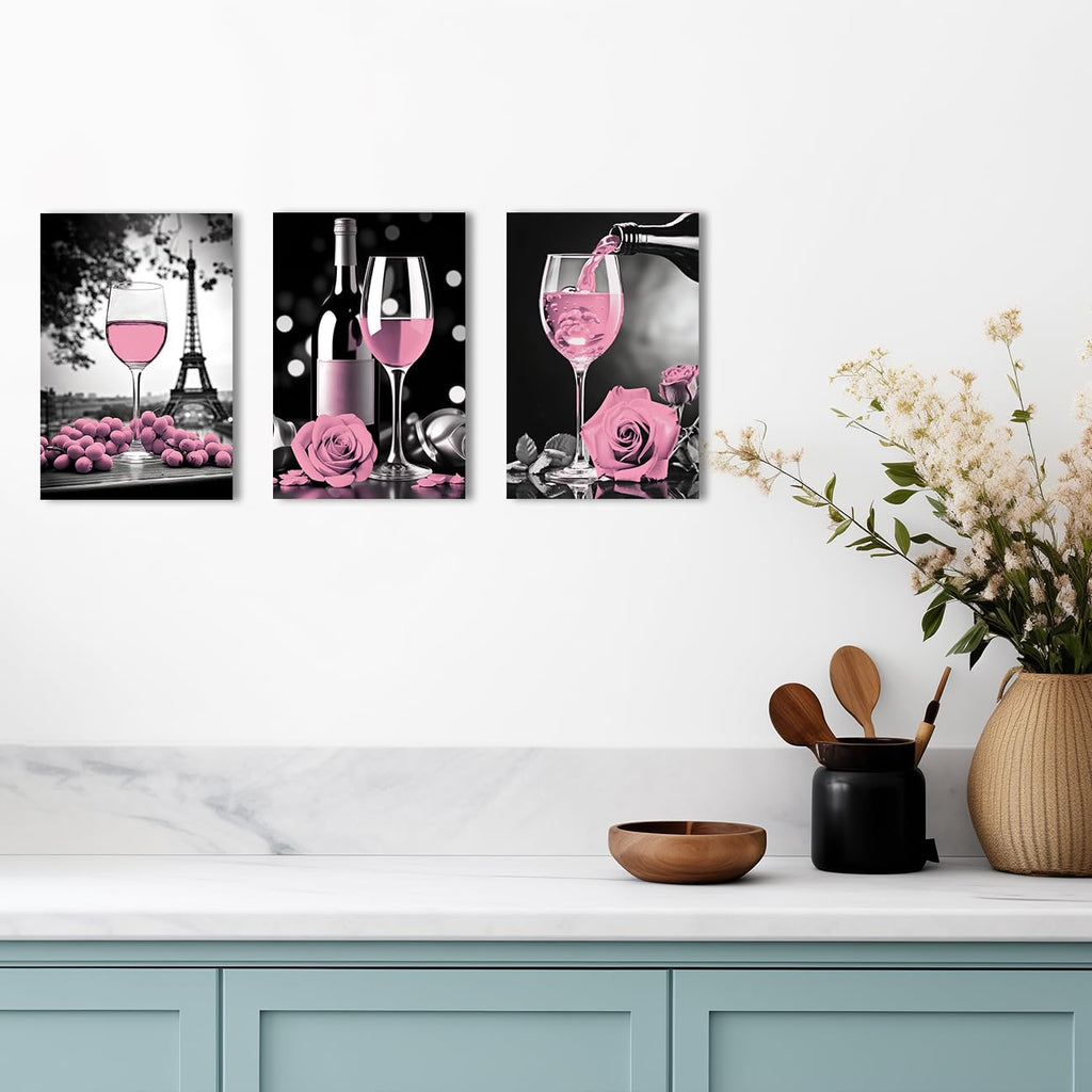 Kitchen Canvas Wall 3 PCS Romantic Pink Wine Grape Rose Flowers Eiffel Tower Pictures Prints for Restaurant Bar Decor