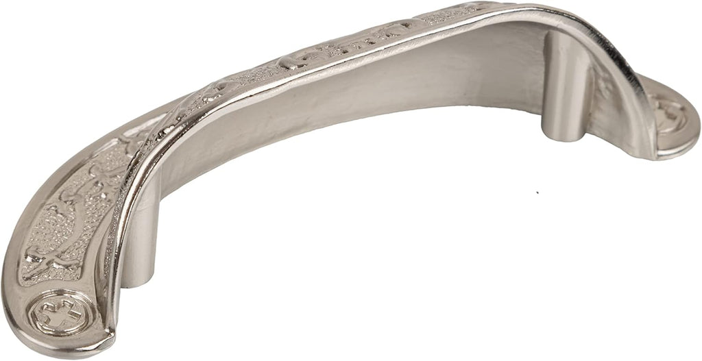 Baroque Scroll Work Brushed Nickel Drawer Bin Pull | Centers: 2 1/2" | Cup Pull Handle for Antique Cabinet Door