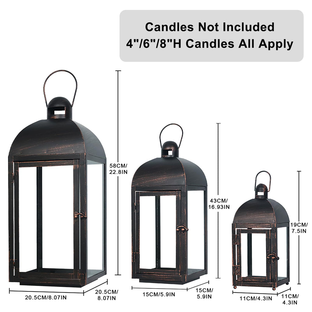 Lanterns Decorative Outdoor & Indoor, Set of 3 Outdoor Lanterns for Porch, 23" Large Candle Lantern, Bronze Metal