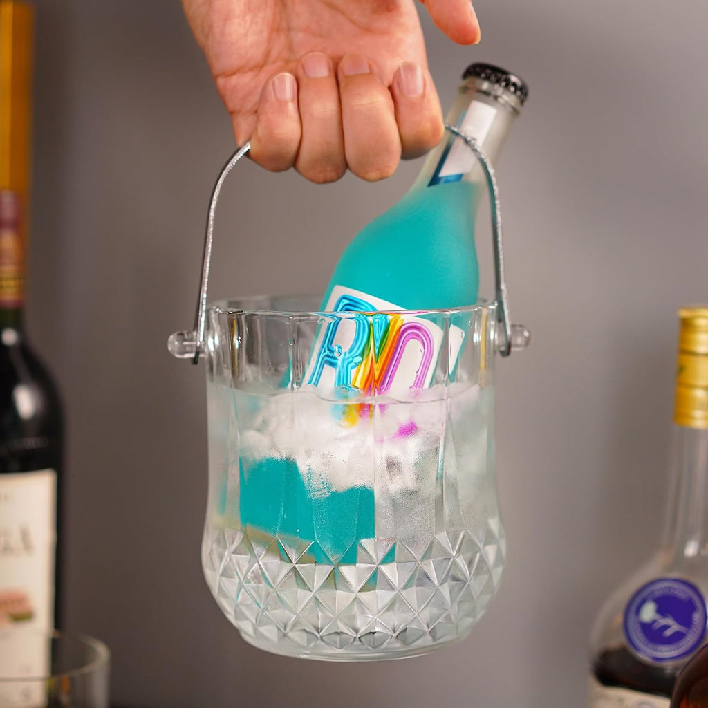 Crystal Ice Bucket 37oz Small Glass Ice Bucket with Tongs Handle 4.7in