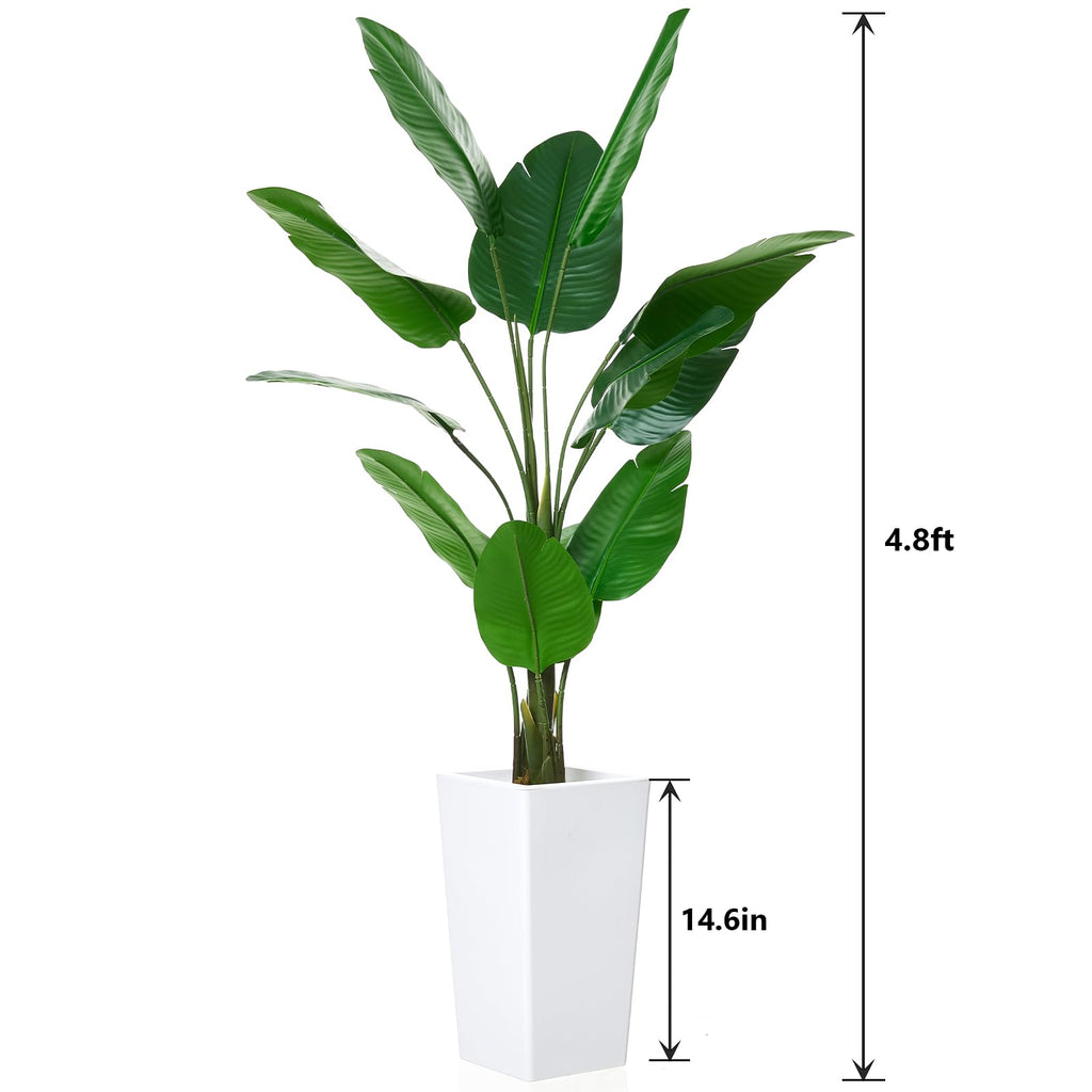 4.8FT Artificial Banana Tree, Fake Potted Tropical Tree, Decorative Evergreen Tropical Plant with White Tall Planter