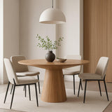 Brown Round Dining Table 59 Inches, Natural Finish with Tapered Pedestal Base, Solid Rubberwood Mindi Veneer, Seats
