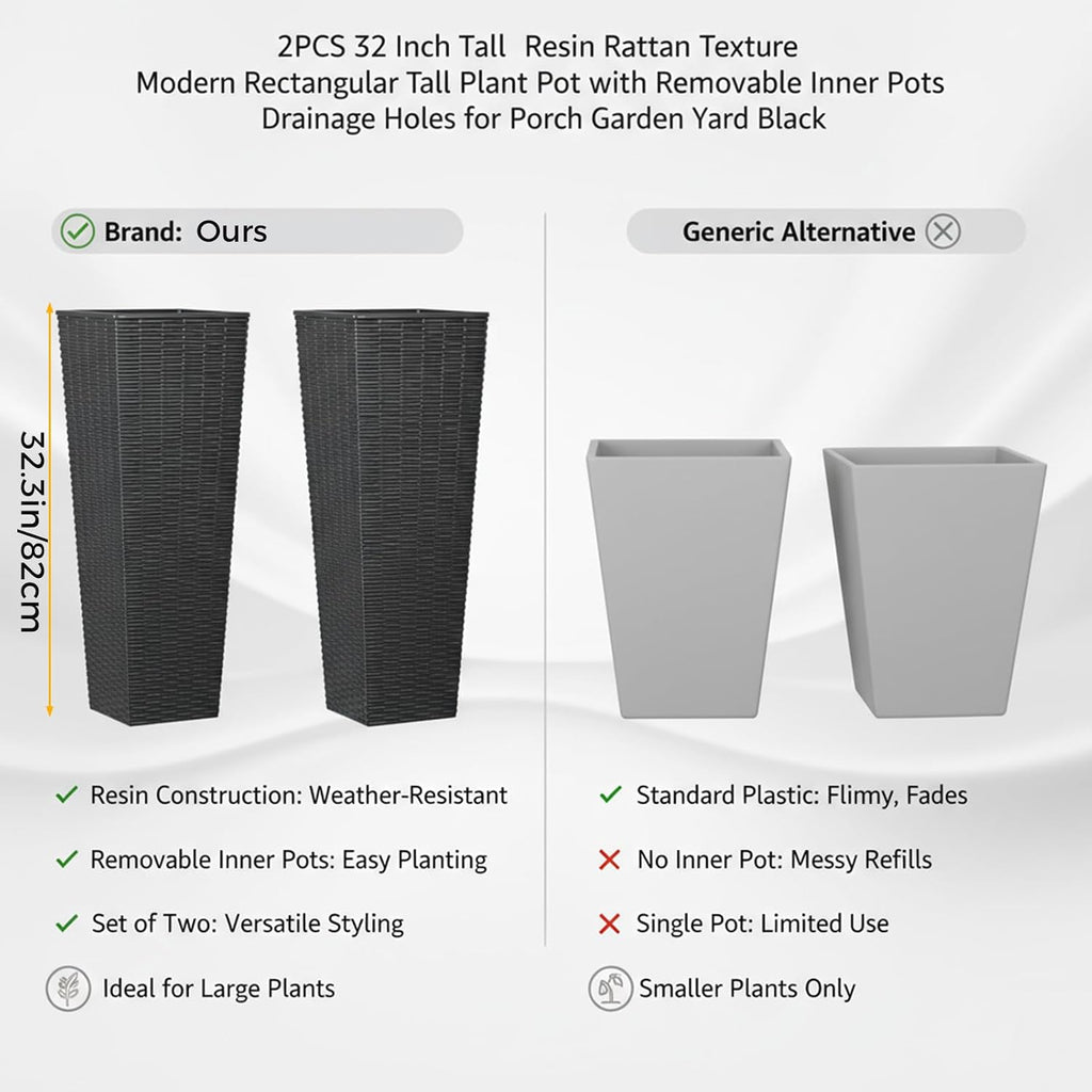 32in Large Planters for Outdoor Plants, Outside Tall Black Planters Set of 2, Resin Front Porch Planters, Outdoor