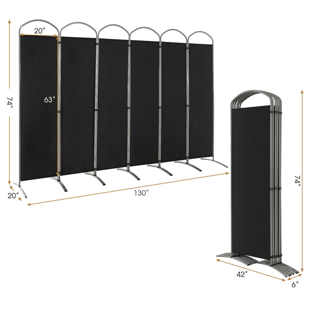 6-Panel Folding Room Divider Privacy Screen, 130" x 74", Black