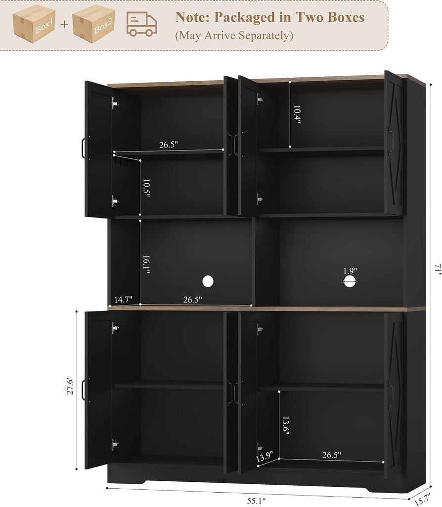 55" W Pantry Cabinet, 71" Tall Kitchen Hutch Storage Cabinet, Black | Farmhouse Hutch Cabinet with 2 Independant