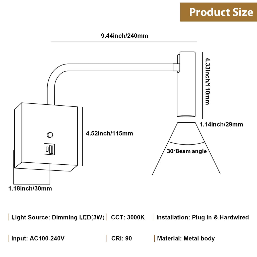 LED Wall Lamp Wall Mounted Reading Lights, Dimmable Adjustable Headboard Plug in Wall Sconce with USB C+A Ports