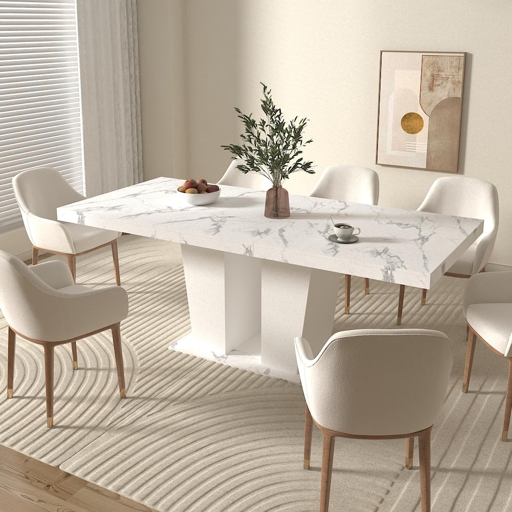 Extendable Dining Room Table for 6-10 Person, Modern Large Rectangular Kitchen Tables w/Dual Column Pedestal Base for