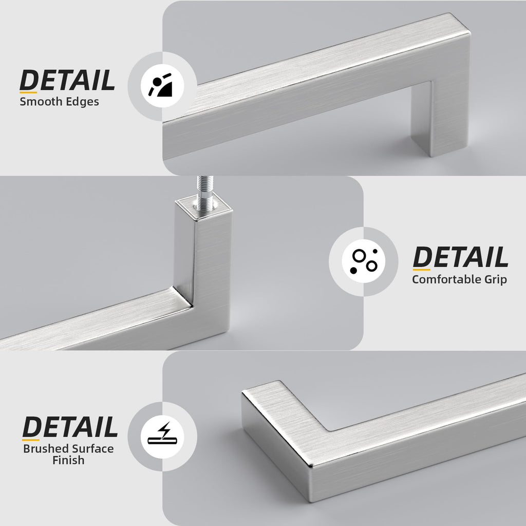 Brushed Nickel Cabinet Pulls 10 Pack 4-1/2 Inch, Square Drawer Handles, Stainless Steel, Screws Included, Silver