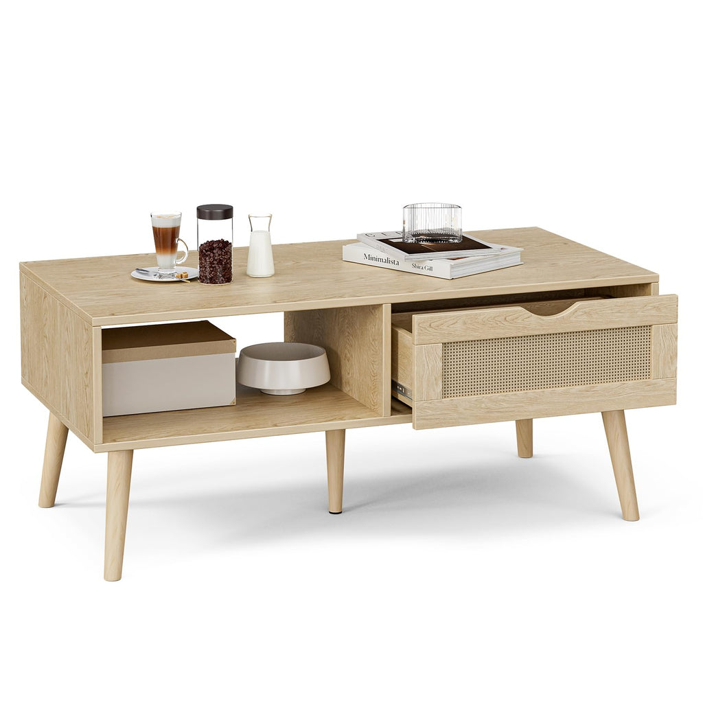 Rattan Coffee Table with Drawer, Boho, Natural