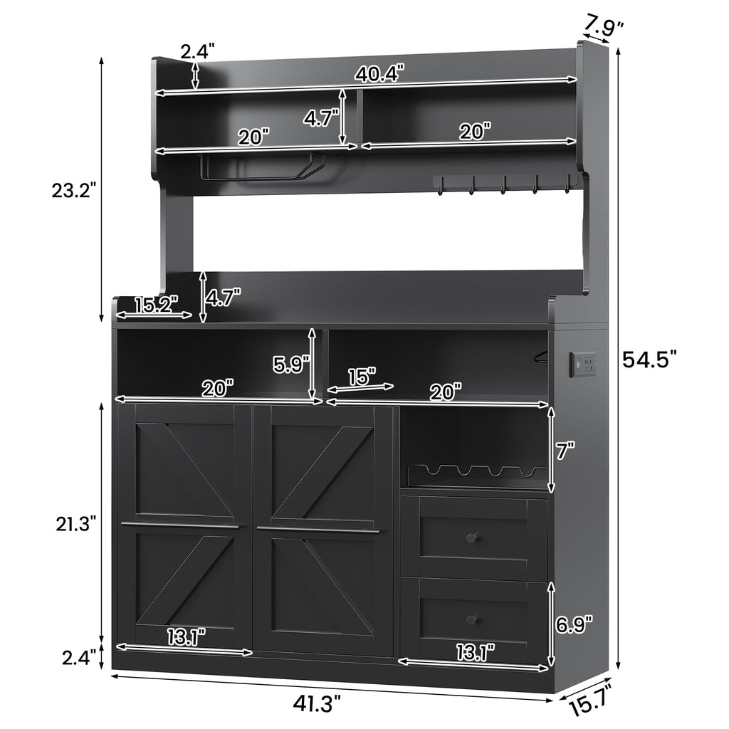 Hutch Storage Buffet Cabinet with Drawers, and Charging Station, Coffee Bar Cabinet with Barn Doors, Wine Rack and