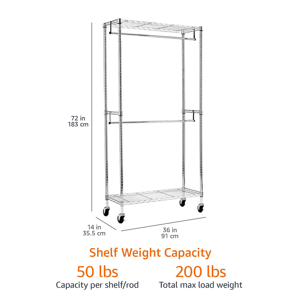 Adjustable Clothes Rack for Handing, Double Hanging Rod Garment Rolling Closet Clothing Organizer, Chrome, 36'' x