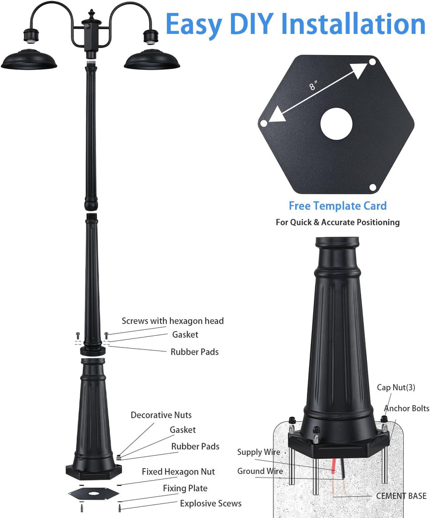 Dusk to Dawn Outdoor Lamp Post Light 2-Head, Outdoor Post Light Street Light Post for Outside with Sensor