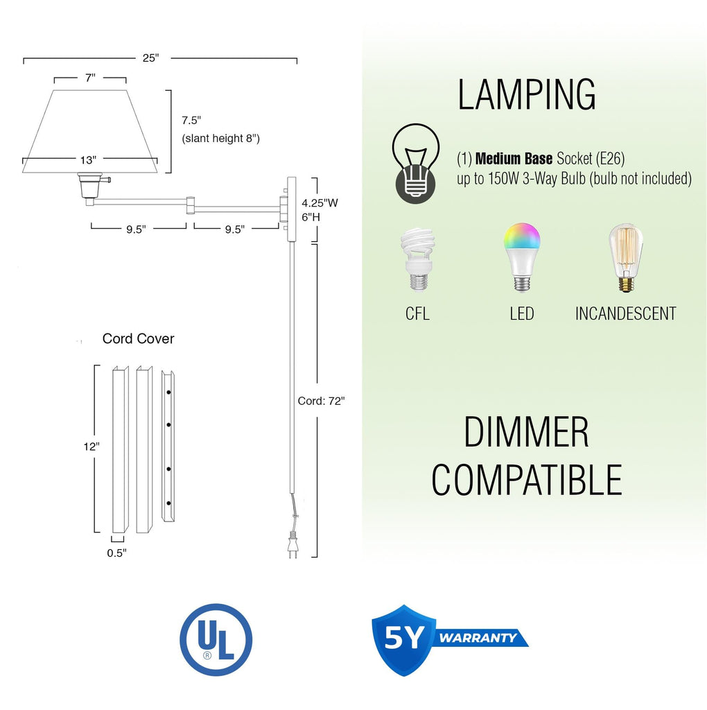 Cambridge 15" Modern Swing Arm Wall Sconce with 3-Way Switch