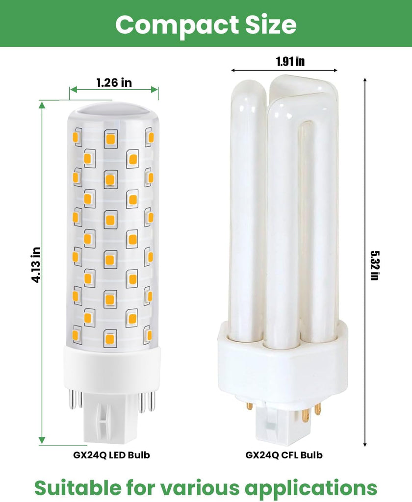 GX24Q LED Bulbs, 3000K Warm White, 4-Pin Base CFL Light Bulb Replacement for 13W 18W 26W Compact Fluorescent Bulb