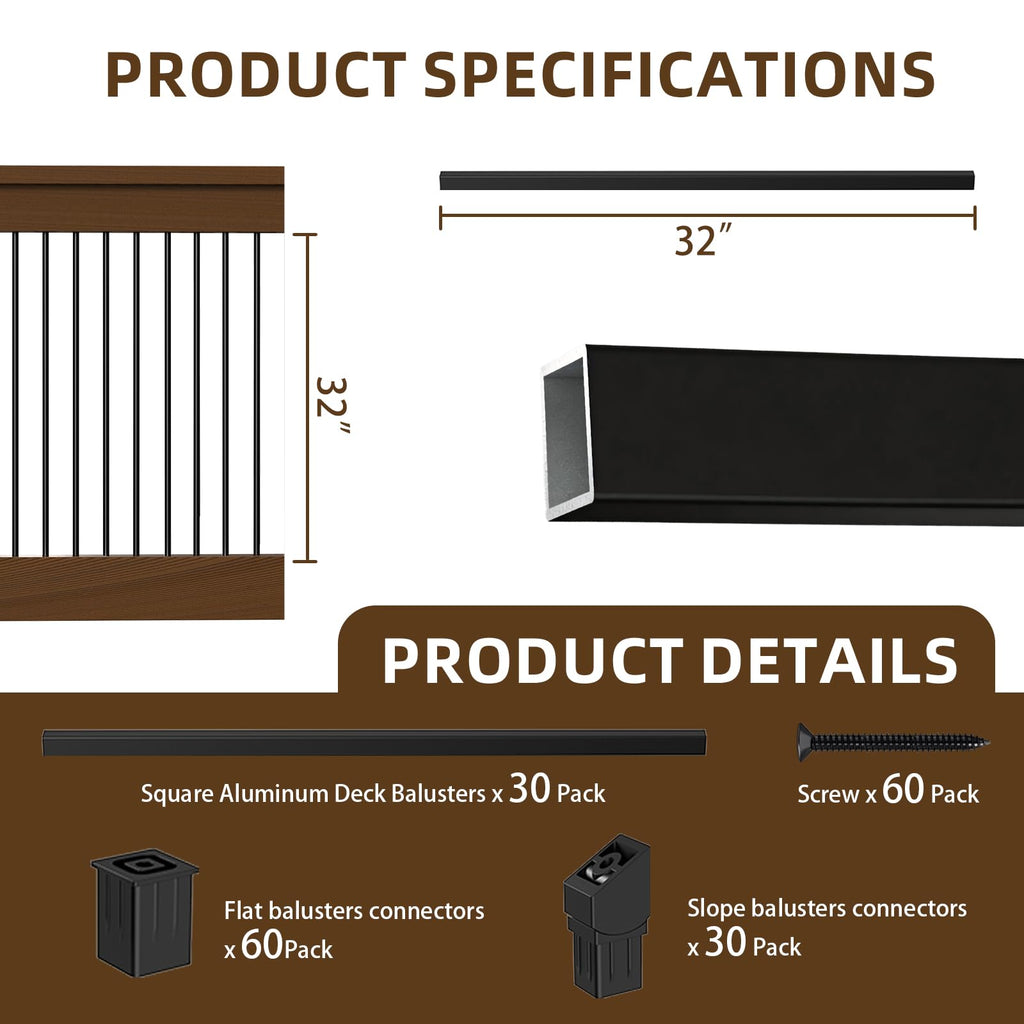 30 Pack 32" Stair Spindles, Black Square Aluminum Balusters with Flat & Adjustable Baluster Connectors, Metal Railing