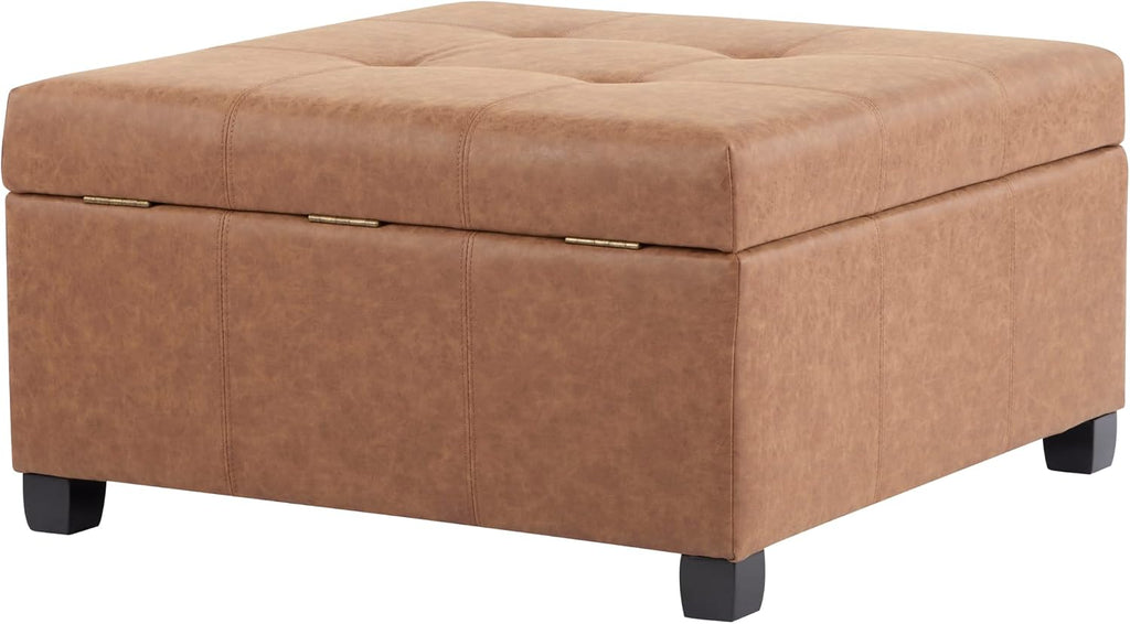 Lorel Faux Leather Square Storage Ottoman Coffee Table, Wooden Ottoman with Storage, Entryway Modern Ottoman Foot