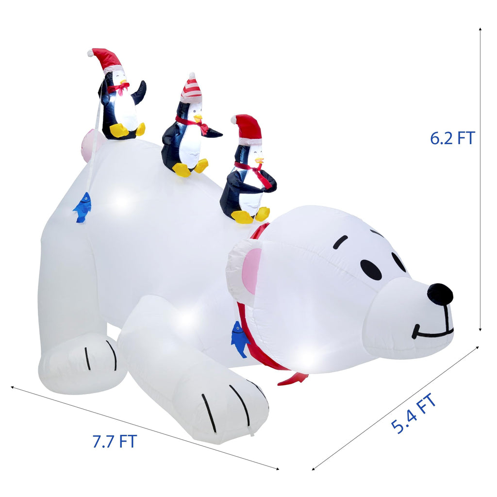 Christmas 7.7(L) x 6 FT(H) Inflatables Lighted Polar Bear with Three Penguins, Blow Up White Bear Happy Fishing