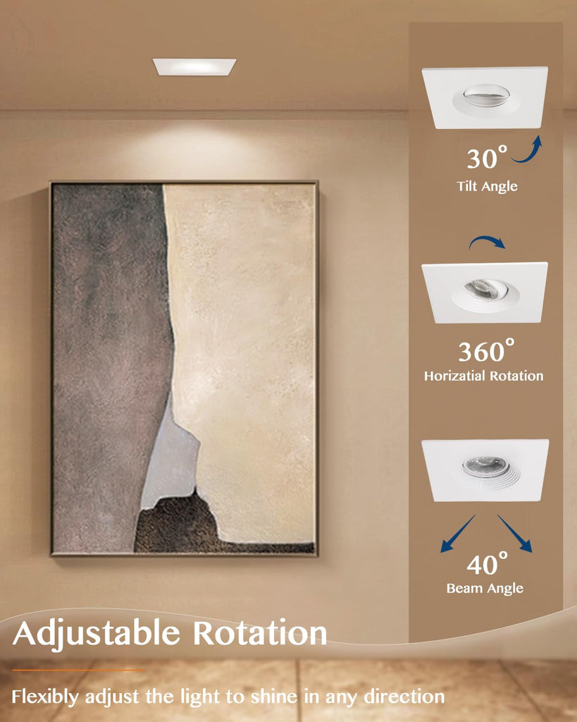 4 Inch 6 Pack Square Recessed Lighting, 8W 5CCT Adjustable Canless Wafer Downlight, 360° Rotatable and 30° Tiltable