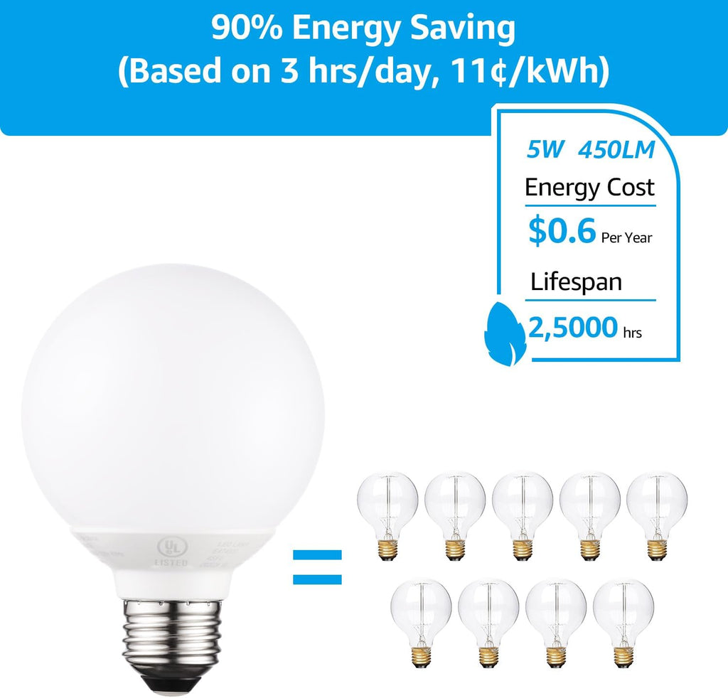 G25 LED Light Bulbs, 5W 450LM, Dimmable, 5000K