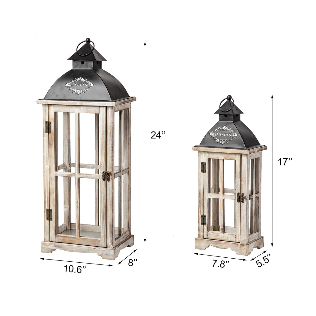 Set of 2 Large Decorative Wooden Metal Lanterns, Farmhouse Rustic Floor Candle Lanterns, Indoor/Outdoor Hanging