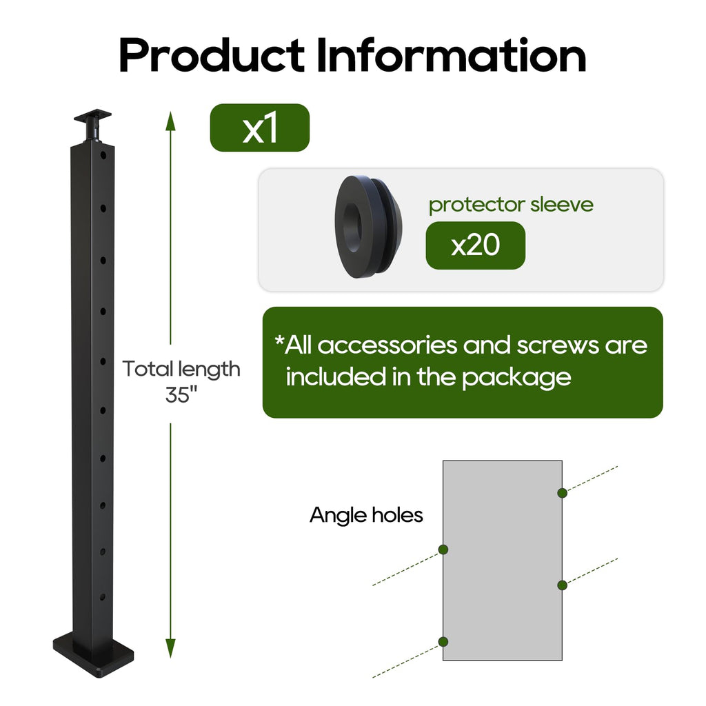 Stair Cable Railing Post 36" (35"X2"x2"), Angle Drilled Stainless Steel Deck Railing Post, Black Stair Angle Holes