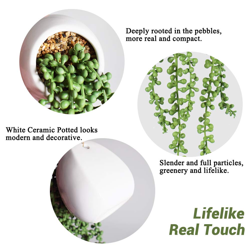Artificial Hanging String of Pearls Plants in Pots, 2 Pack for Decor