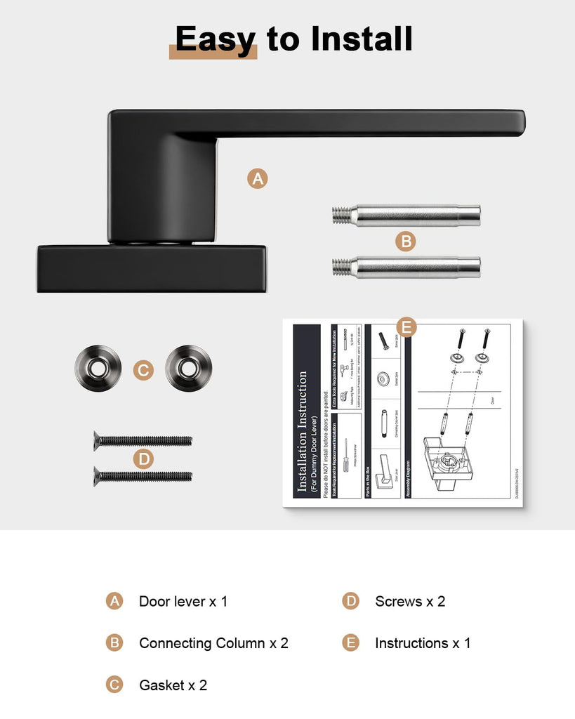 4 Pack| Dummy Door Handles in Matte Black, Non-Turning Interior Door Levers, Heavy Duty Reversible Indoor Handles for
