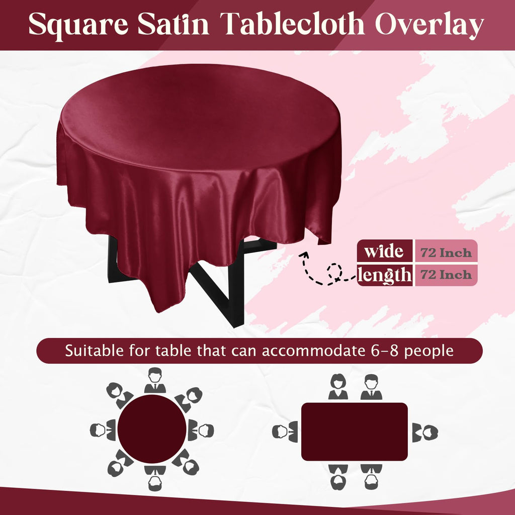 72 Inch Satin Square Tablecloth Overlay, Red, 6 Pcs