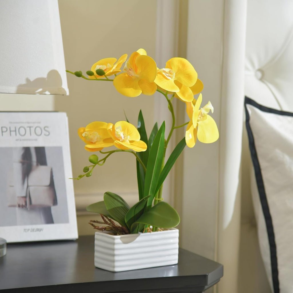 Artificial Real Touch Orchid Flowers with White Ceramic Vase, Yellow