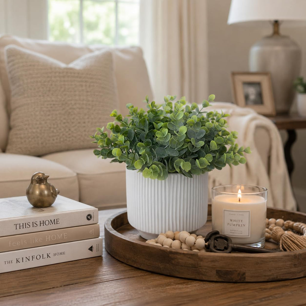 2 Pack Artificial Eucalyptus, Faux Greenery in Ceramic Pots