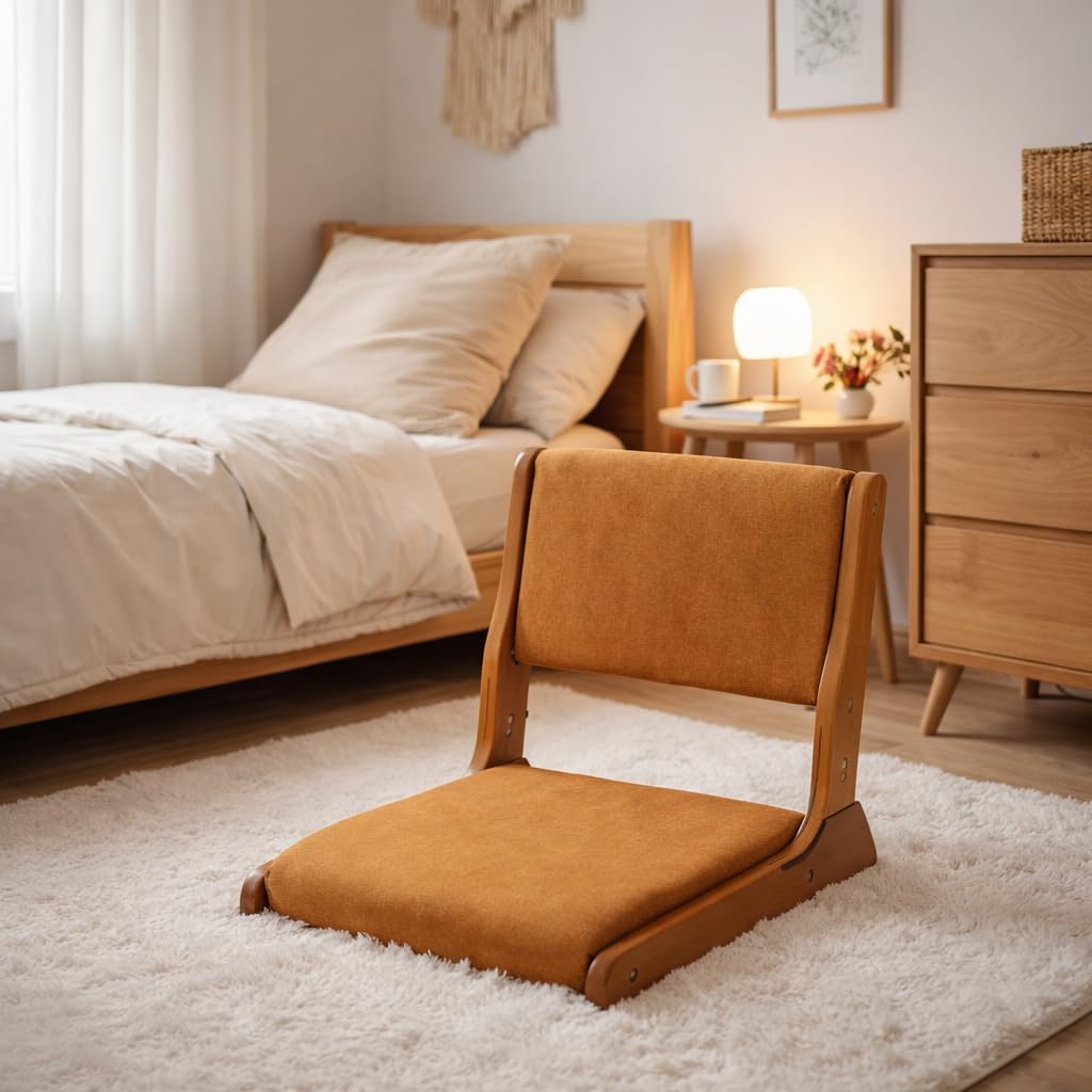 Foldable Japanese Style Floor Chair with Back Support, Tatami Chair with Cushion, Meditation Seat for Bay Window