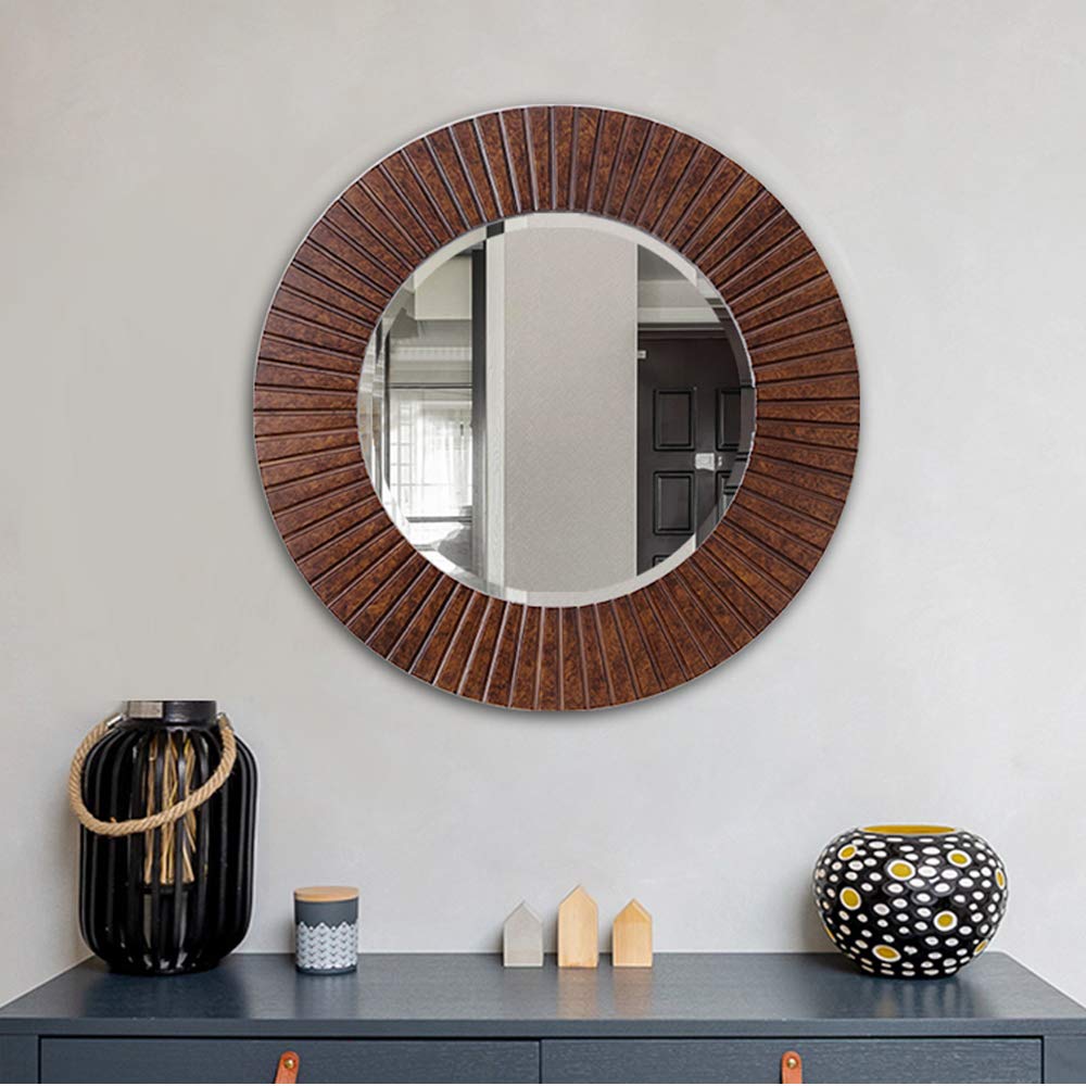 30'' Round Mirror with Wood Frame, Large Decorative Mirror for Wall, Farmhouse Bathroom Mirror with Bronze Groove